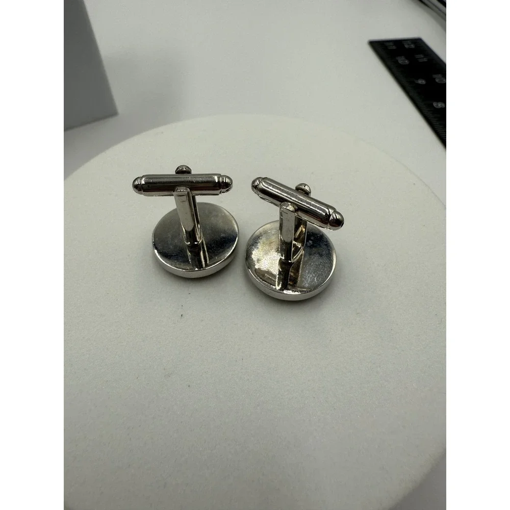 Vintage Round Silver Tone Cufflinks Swirl Center Black Enamel Border Formal Wear